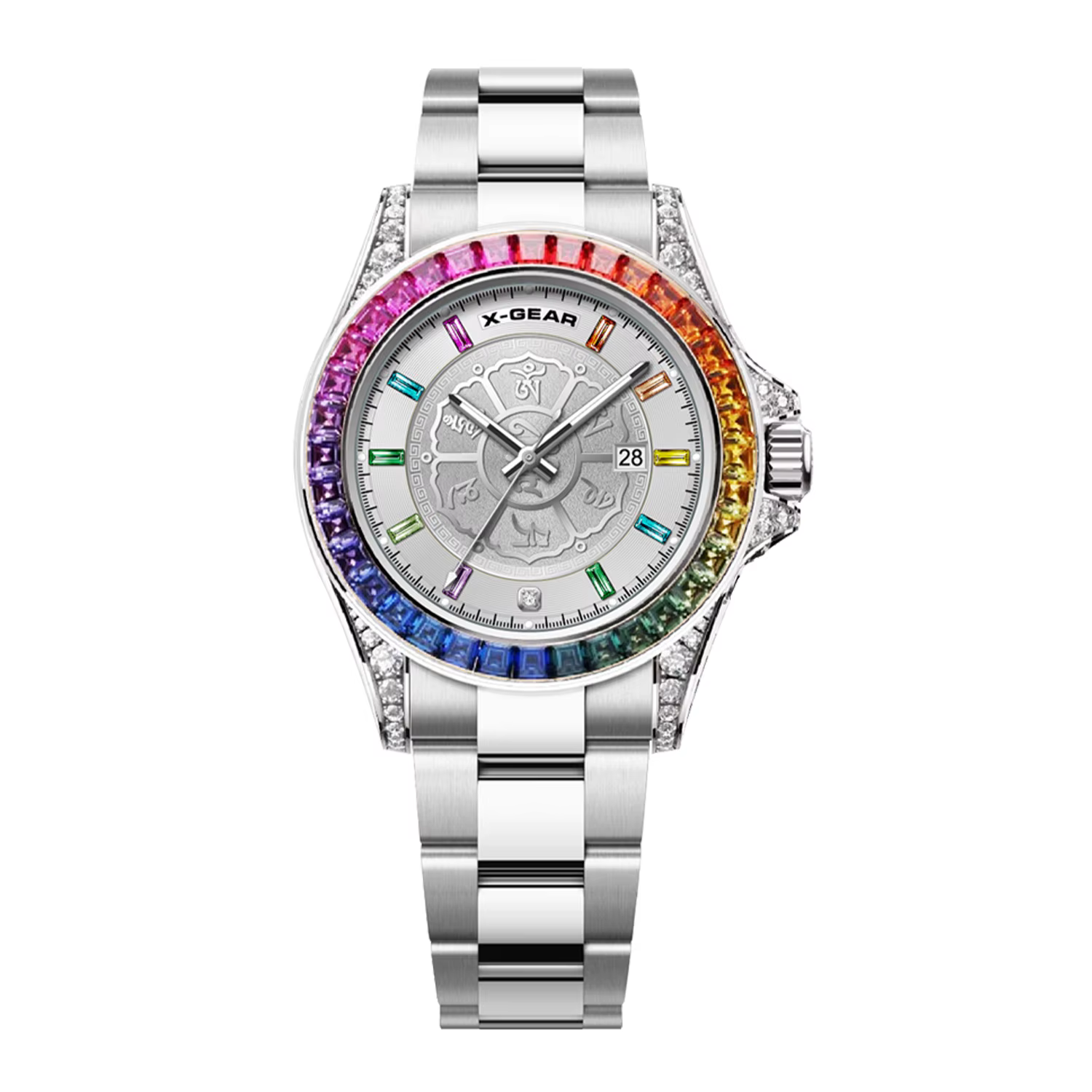 Montre à Quartz pour hommes, lunette arc-en-ciel, diamant coloré, haute qualité, grand, trois aiguil