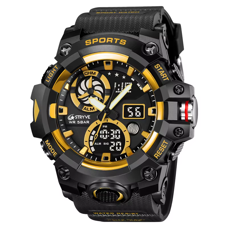 Montres sportives pour hommes STRYVE 2026 à double fuseau horaire, montre numérique étanche 50 m pou