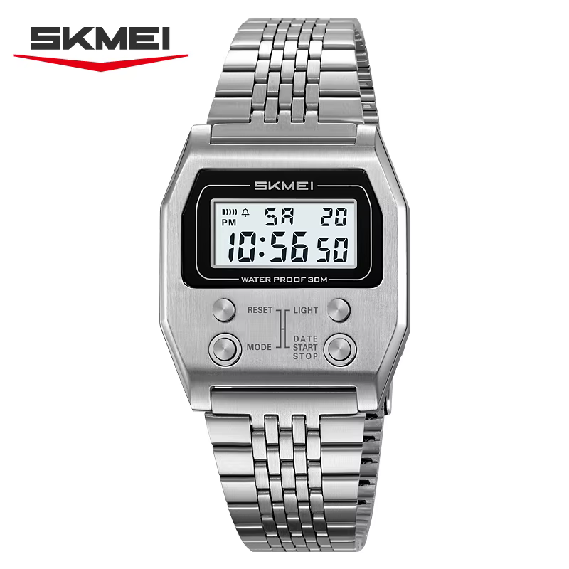 SKMEI 2460 montre numérique de sport étanche pour hommes en acier inoxydable de luxe rétro LED révei