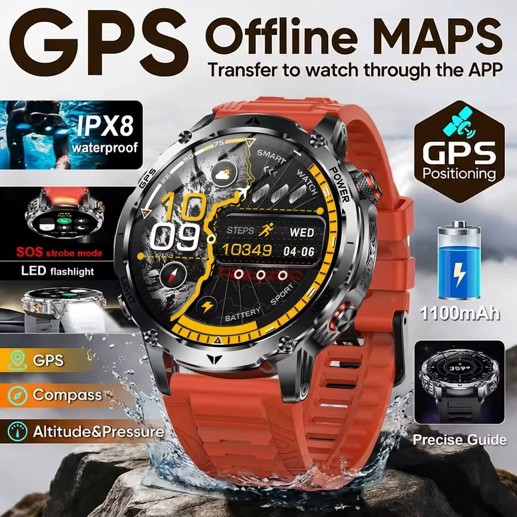 Montre de sport GPS HD 1,7' 2026smart pour l'extérieur, avec batterie de 1100 mAh. Lampe de poche LE