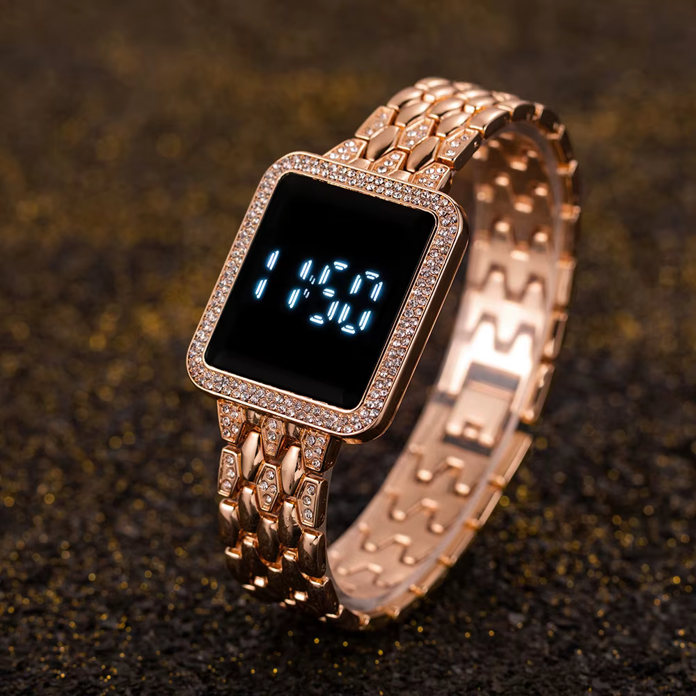 Montres numériques de luxe en diamant pour femmes, écran tactile Simple, montre LED, bracelet en aci