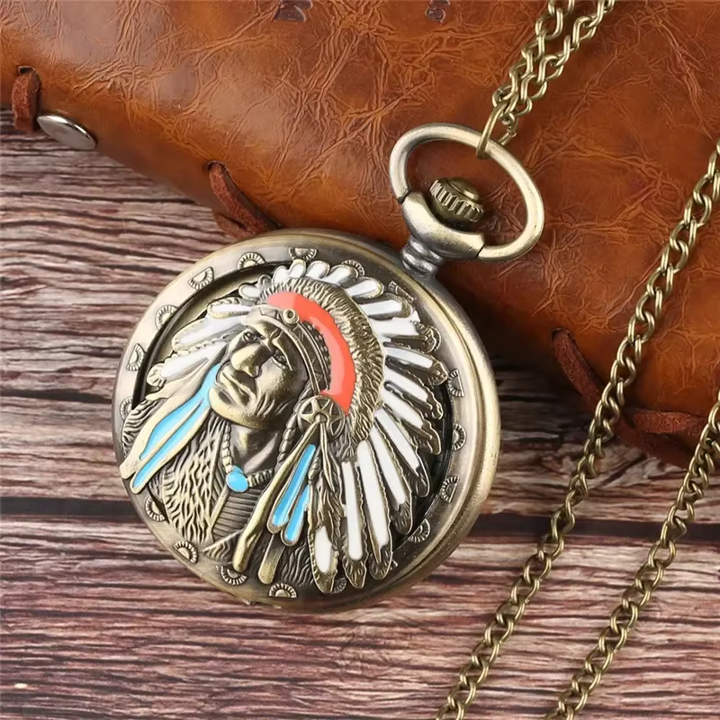 Montre de poche vintage en bronze, style indien, mouvement à quartz, pour hommes et femmes, collier,