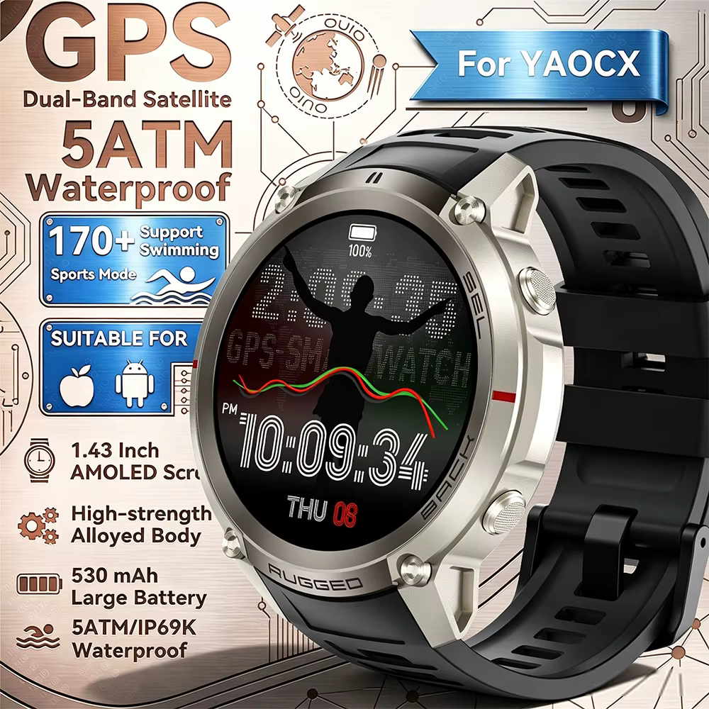 Montre connectée d'extérieur 1,43 pouces avec GPS, cartes hors ligne, mode sport, étanche 5 ATM, bou