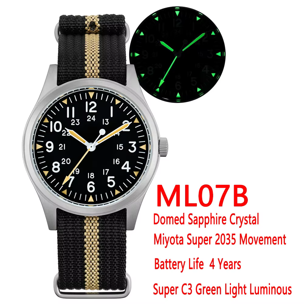 Militado ML07C Vintage 36mm montre à Quartz mis5 Super 2035 mouvement bombé saphir cristal lumineux 