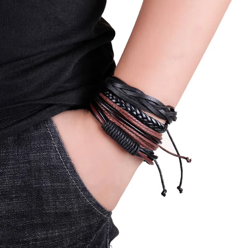 Bracelets en cuir tressé pour hommes, ensemble de 4 pièces, Vintage, Punk, fait à la main, corde, bi