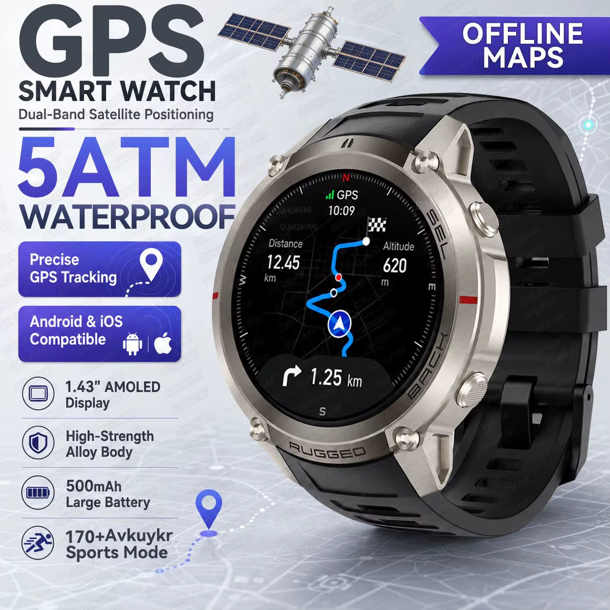 Nouvelle Montre Connectée GPS Robuste 2026 avec Écran Tactile AMOLED HD 1,43 pouces, Étanchéité 5ATM