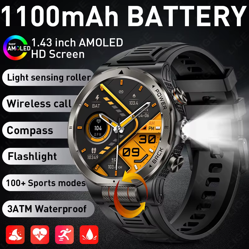 Montre connectée d'extérieur étanche 3ATM, 1.43 ”, AMOLED, lampe de poche LED réglable, 1100mAh, mon