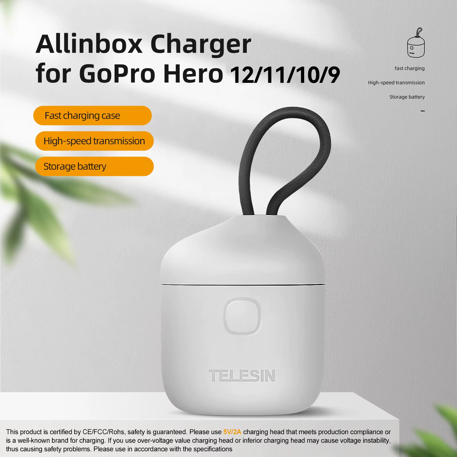 TELESIN chargeur Portable pour GoPro Hero 12 11 10 batterie 3 fente Silicone Anti-chute boîtier de c
