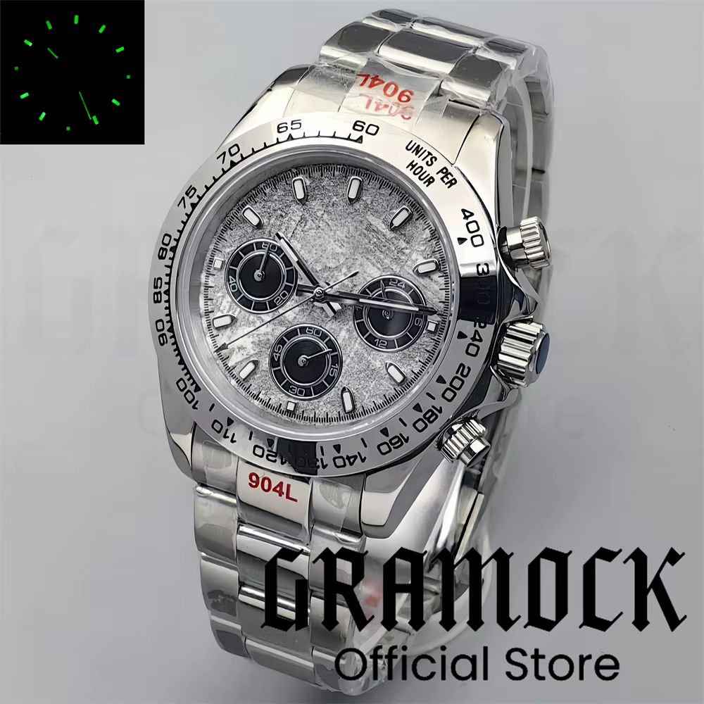 Gramock montre pour hommes 39mm argent VK63 sport chronographe montres à Quartz gris météorite cadra