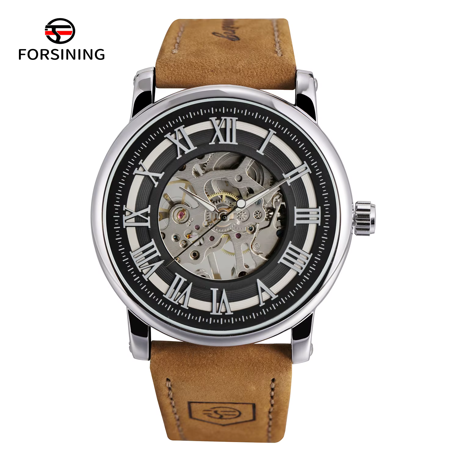 FORSINING Original acier squelette mécanique homme montre mouvement manuel horloge étanche en cuir d