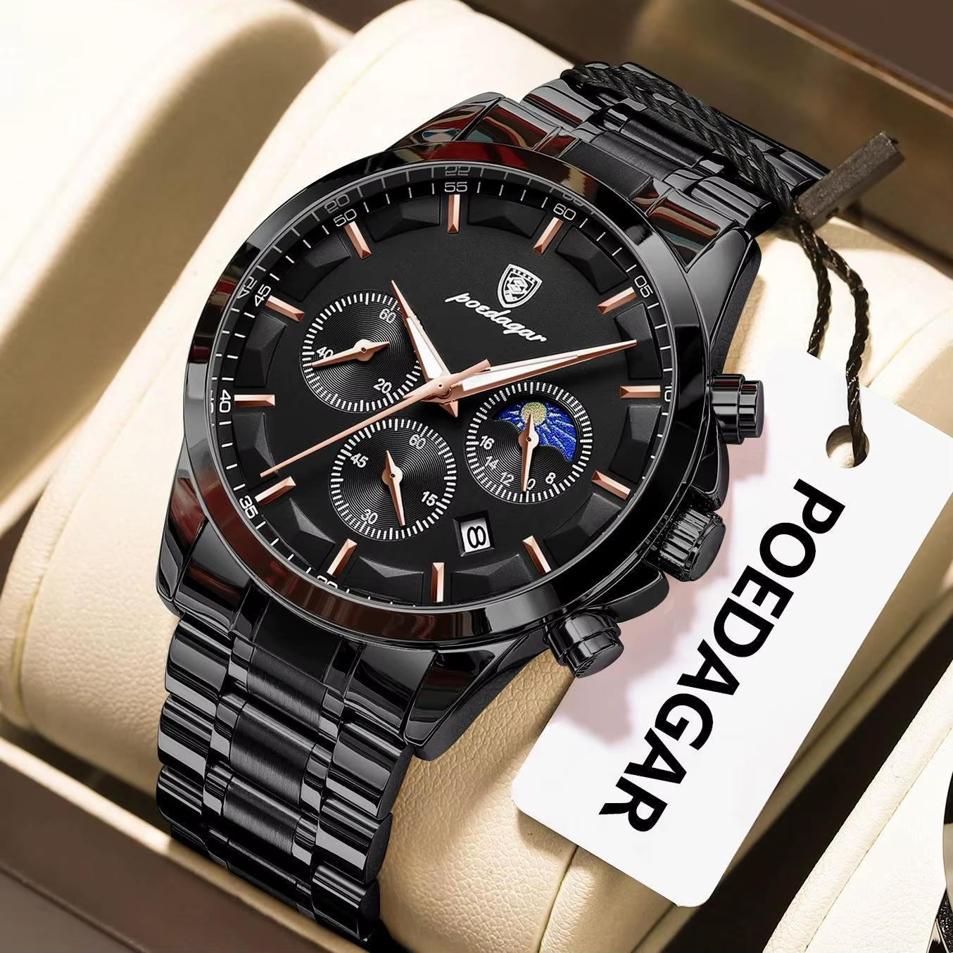 POEDAGAR Top mode hommes montres étanche lumineux en acier inoxydable hommes montre-bracelet chronog