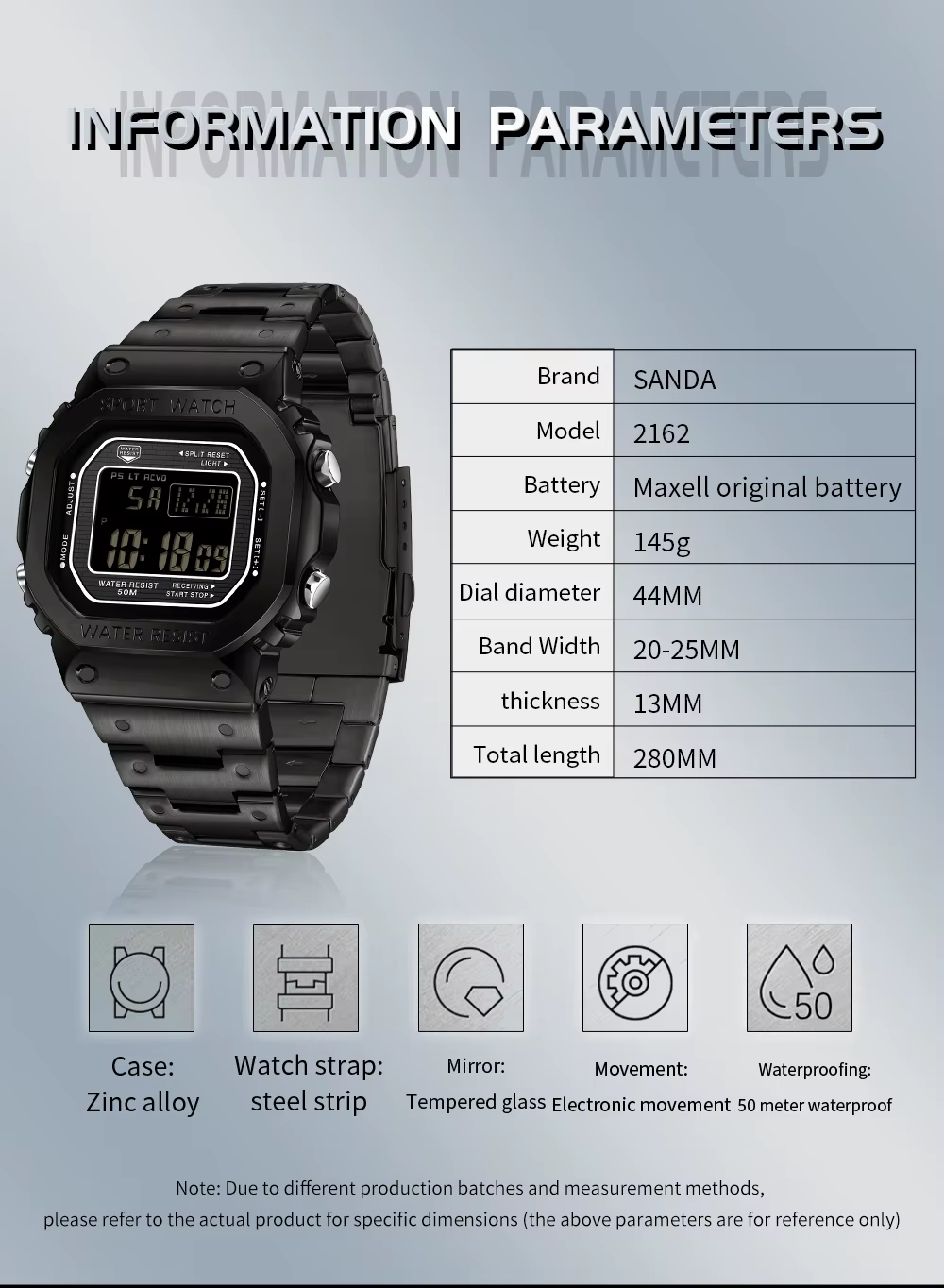 SANDA 2162 montre électronique pour hommes carré étanche multi fonctionnel montre-bracelet carré mod