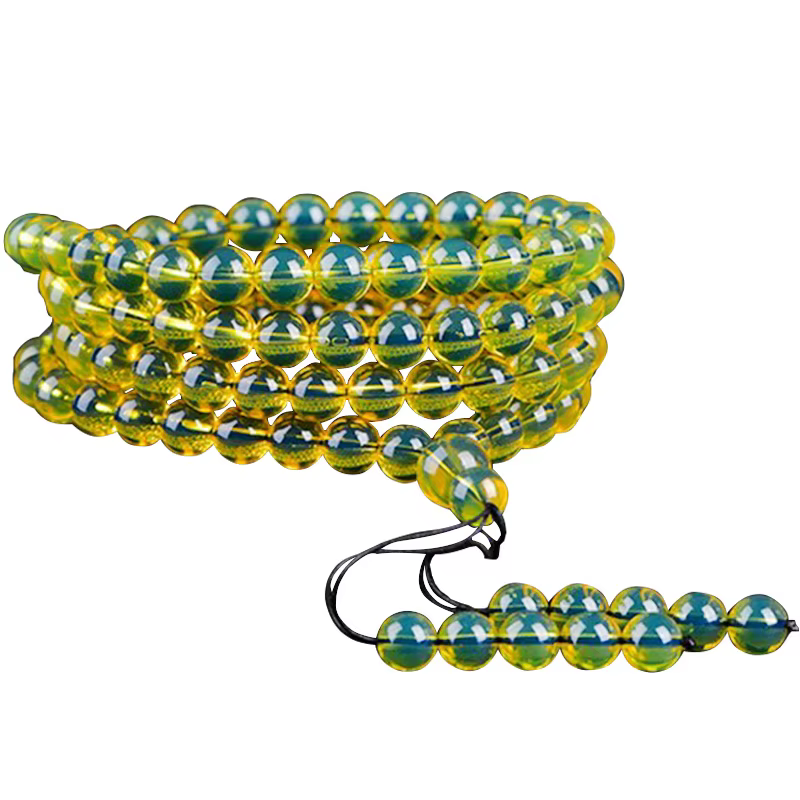 Bracelet Mexicain en Ambre Bleu d'Eau Purifiée, 108 Perles de Bouddha Rondes en Ambre, Chapelet pour