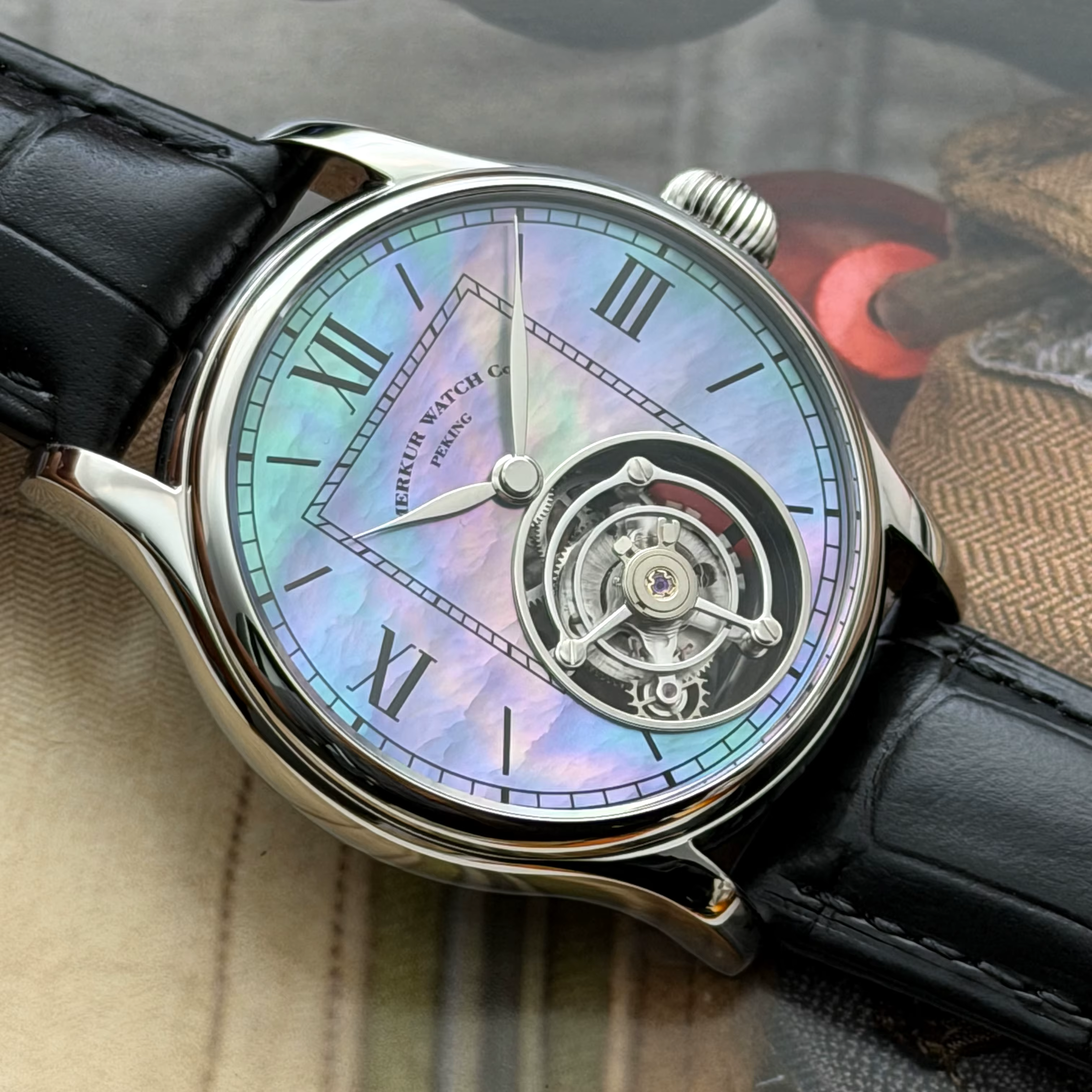 Merkur – montre Tourbillon 100% pour hommes, cadran en nacre, montre en saphir, montres-bracelets mé