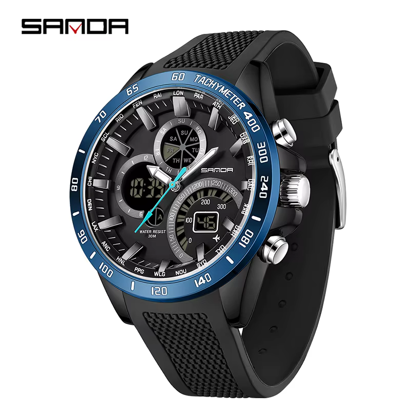 SANDA hommes marée nom montre numérique 30 M étanche montre-bracelet LED Quartz horloge Sport montre