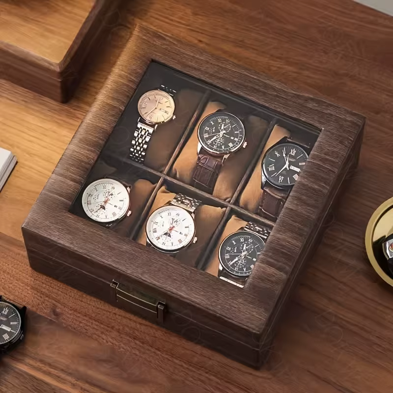 Boîte de rangement de montre haut de gamme avec cuir, finition grain de bois et lucarne en verre, ca
