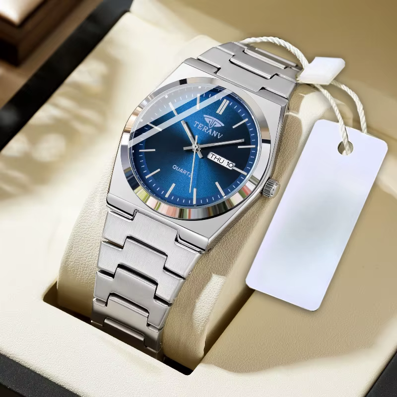 Montre pour hommes, montre à quartz de mode avec calendrier mince en acier inoxydable