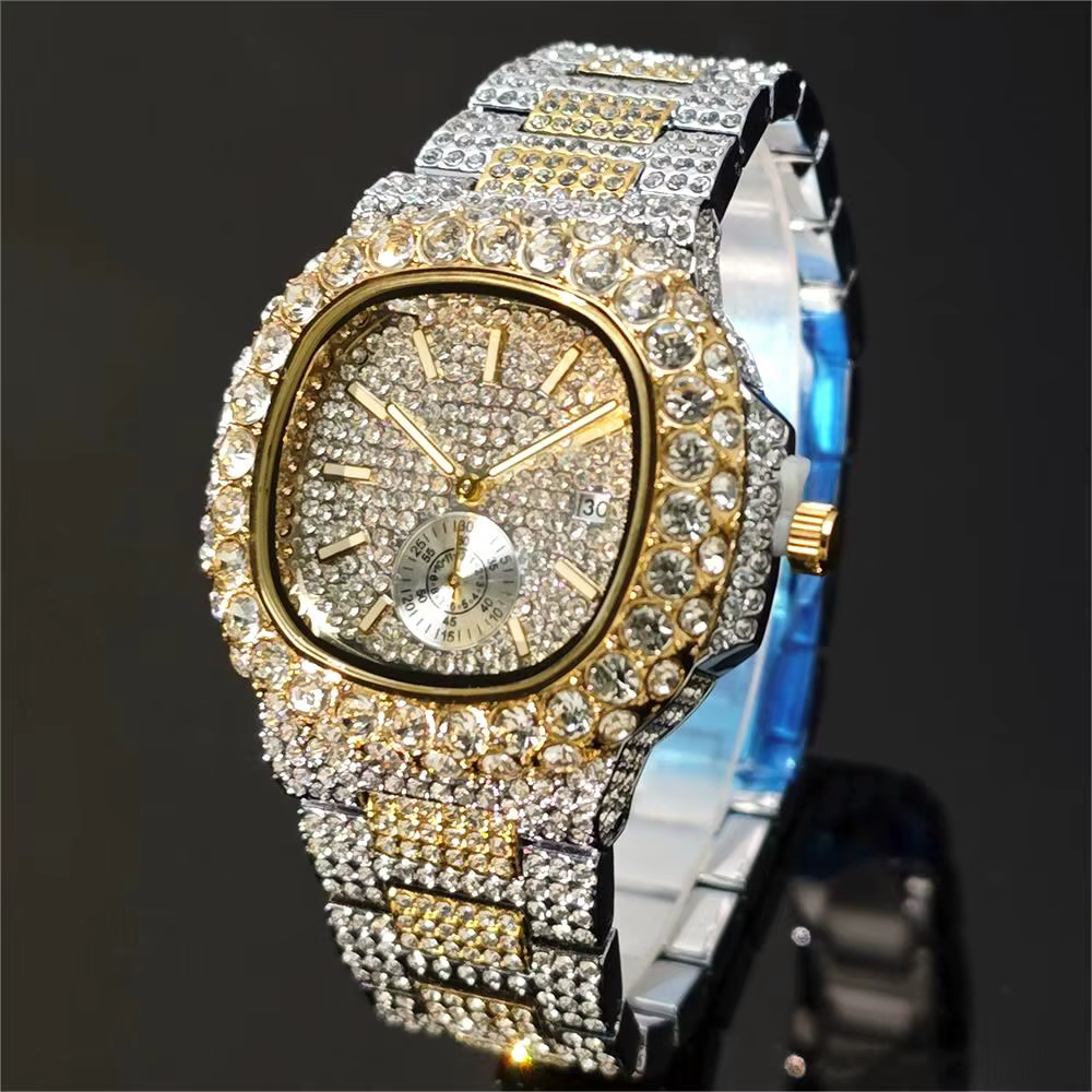 Montre de luxe pour homme, style hip-hop, en acier inoxydable doré, avec diamants, bijoux de mode, m