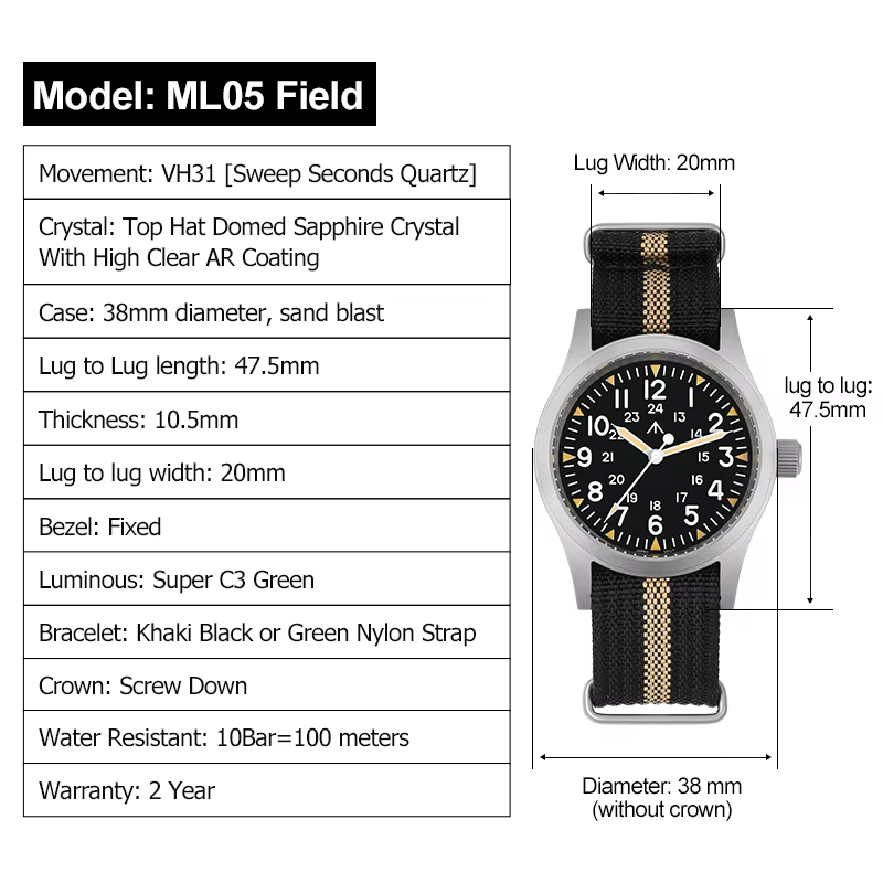 Militado ML05 montre Vintage VH31 balayage deuxième mouvement dôme cristal saphir avec revêtement AR