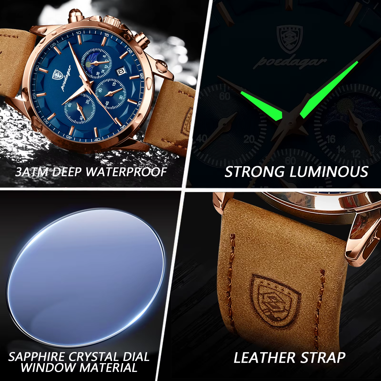 POEDAGAR sport luxe hommes montre à Quartz étanche chronographe lumineux Date homme montre-bracelet