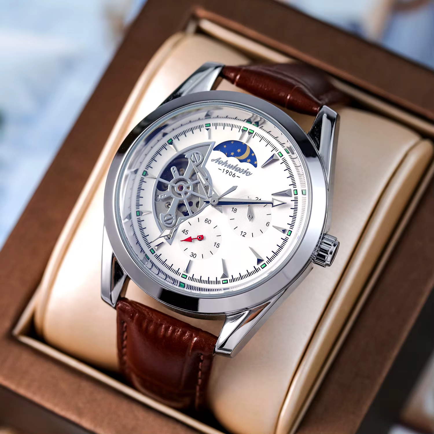 Montre automatique à remontage automatique pour homme, en acier inoxydable, nouvelle, cinq aiguilles