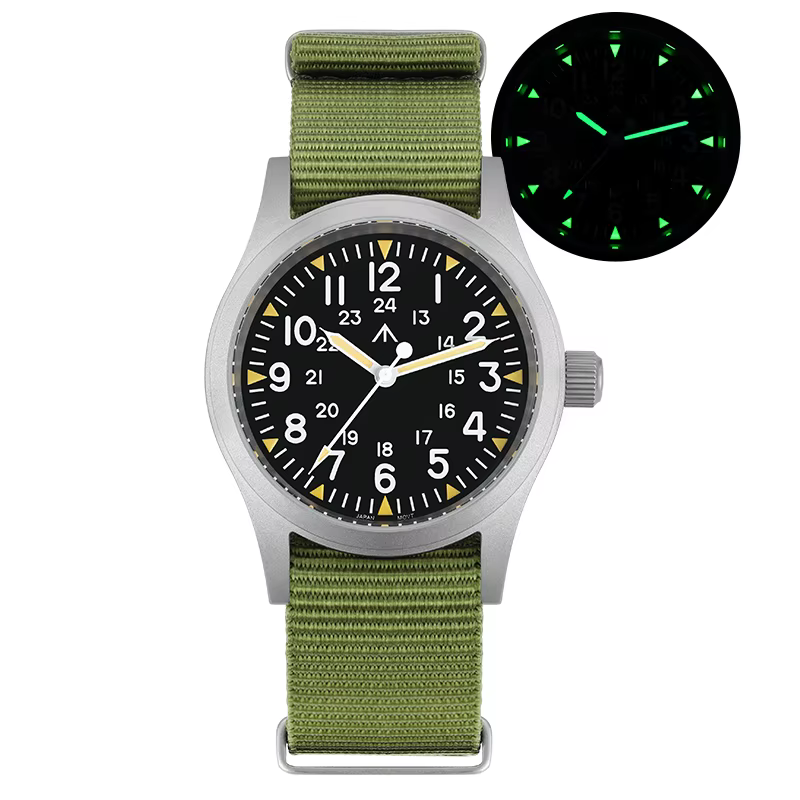 Militado ML05 38mm montre militaire mis5 2035 mouvement bombé saphir cristal C3 vert lumineux 10Bar