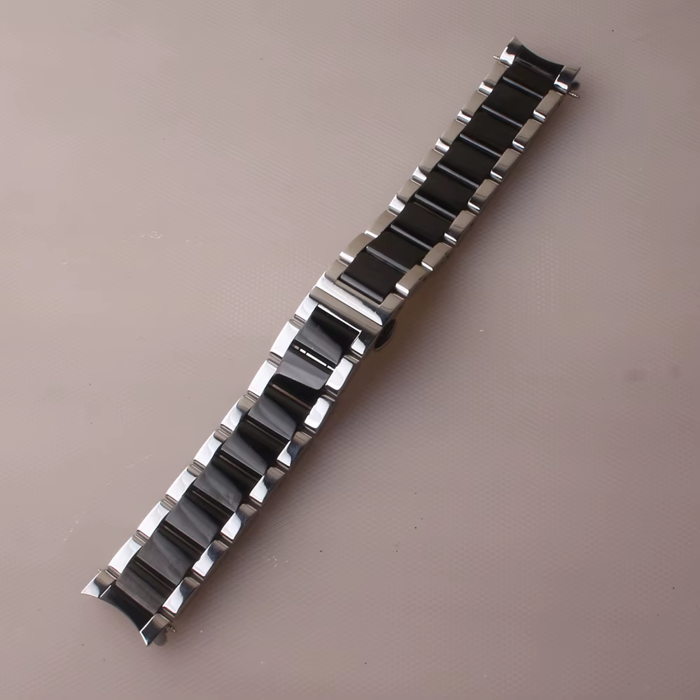 Bracelet de montre en acier inoxydable pour hommes et femmes, argent avec extrémité incurvée noire, 