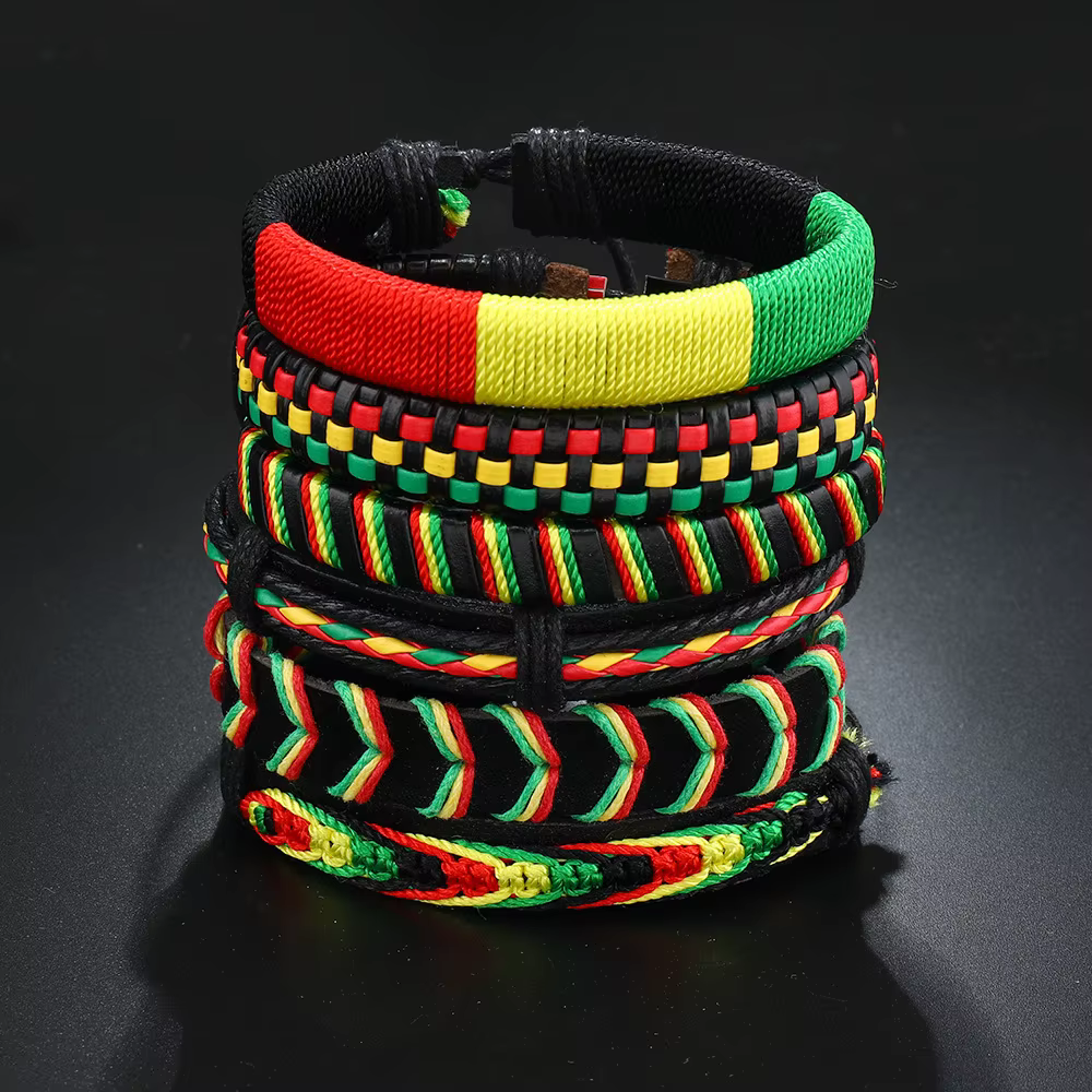 Bracelet personnalisé de style bohème, rouge, jaune, vert, tissé à la mode, multicouche, six pièces,