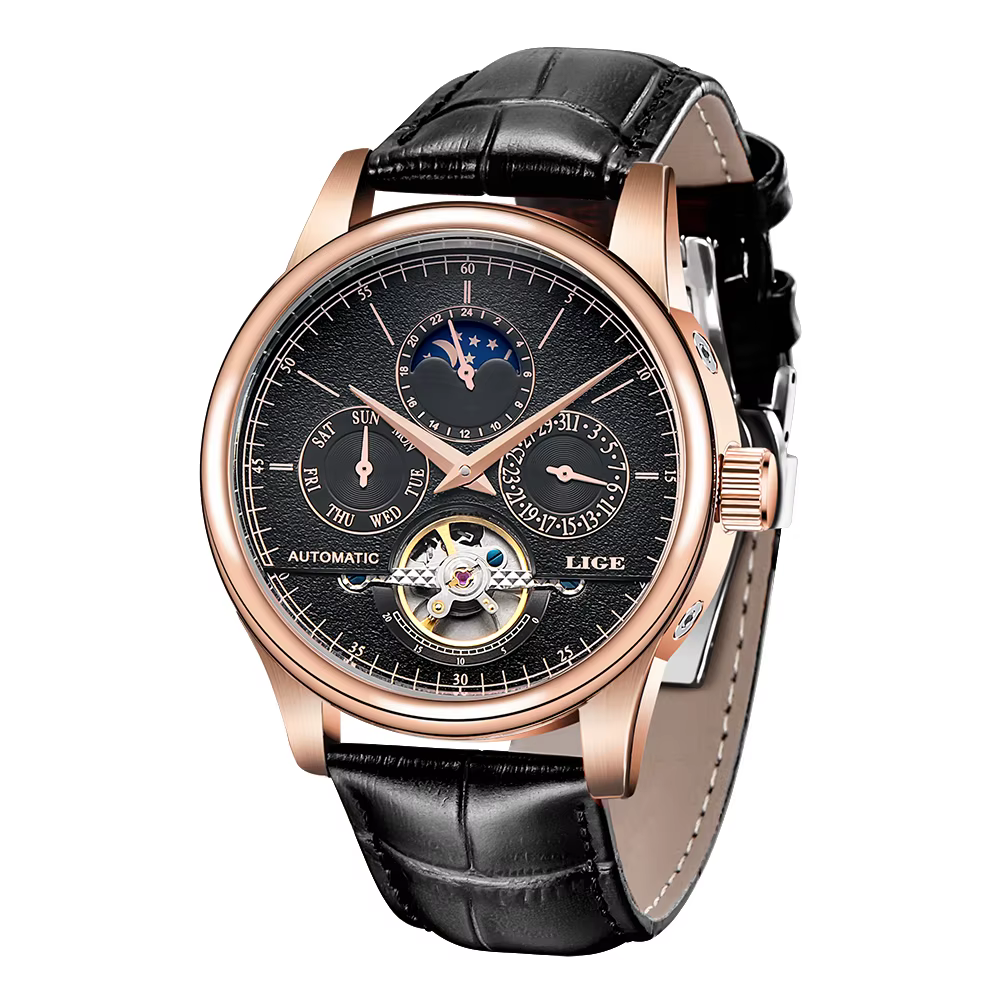 LIGE marque classique hommes rétro montres automatique mécanique montre Tourbillon horloge en cuir v