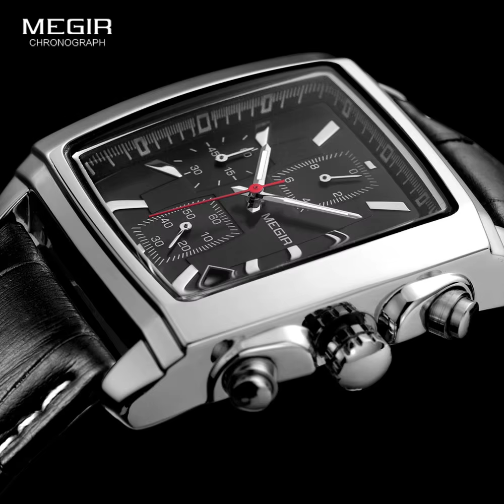 Megir cadran rectangulaire bracelet en cuir Montre pour hommes décontracté bleu chronographe montres