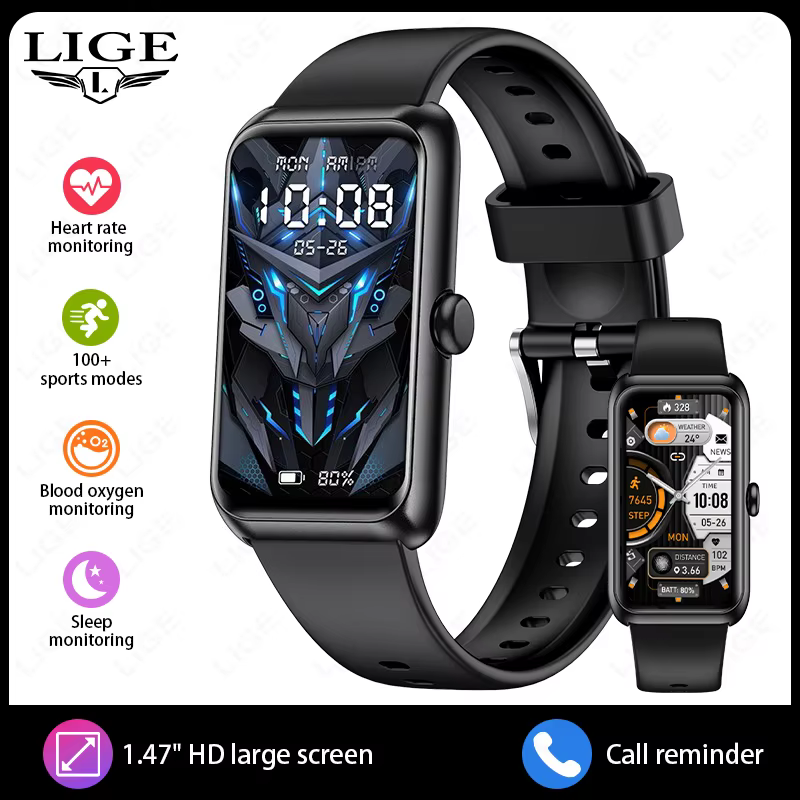 Montre connectée LIGE nouvelle génération 1,47 pouces avec moniteur de fréquence cardiaque, suivi du