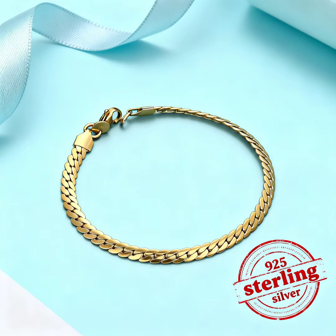 Bracelet en argent sterling 925 plaqué or 18 carats, chaîne plate de 5 mm / 20 cm pour femme et homm