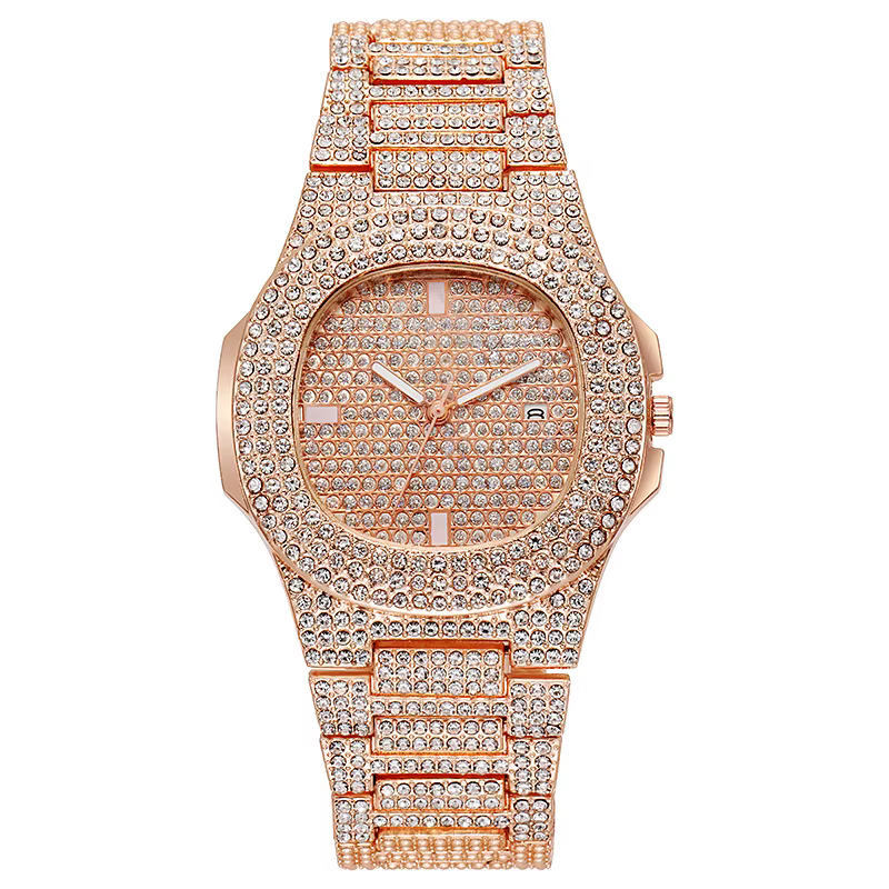 Montre-bracelet en or et argent glacé pour femme, diamant carré, quartz, montres-bracelets hip hop, 