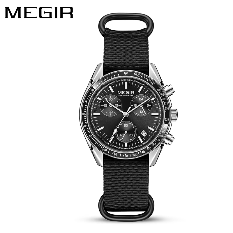 MEGIR 2247 Sport nouvelle montre noire chronographe décontracté vie tissage bracelet Quartz étanche