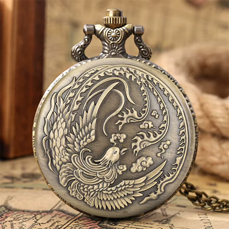 Montre de poche rétro Phoenix embossée, style vintage, mouvement à quartz analogique, avec chaîne de