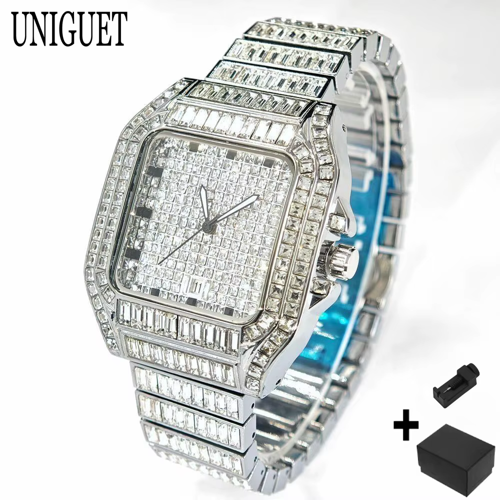 Montre en or de luxe pour hommes marque de mode UNIGUET Hip Hop pleine Baguette diamant bijoux Quart