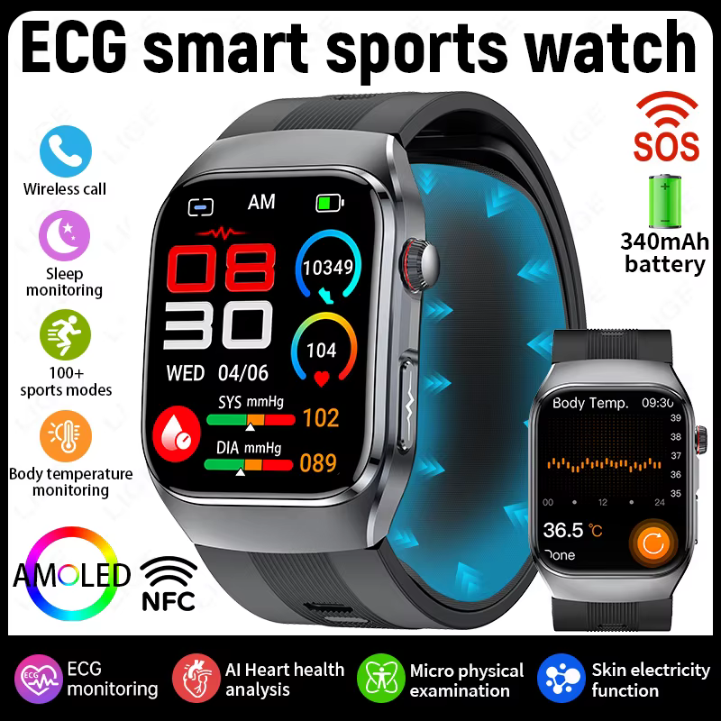 Montre connectée LIGE New Health Sport AI avec diagnostic ECG, analyse de la composition corporelle,