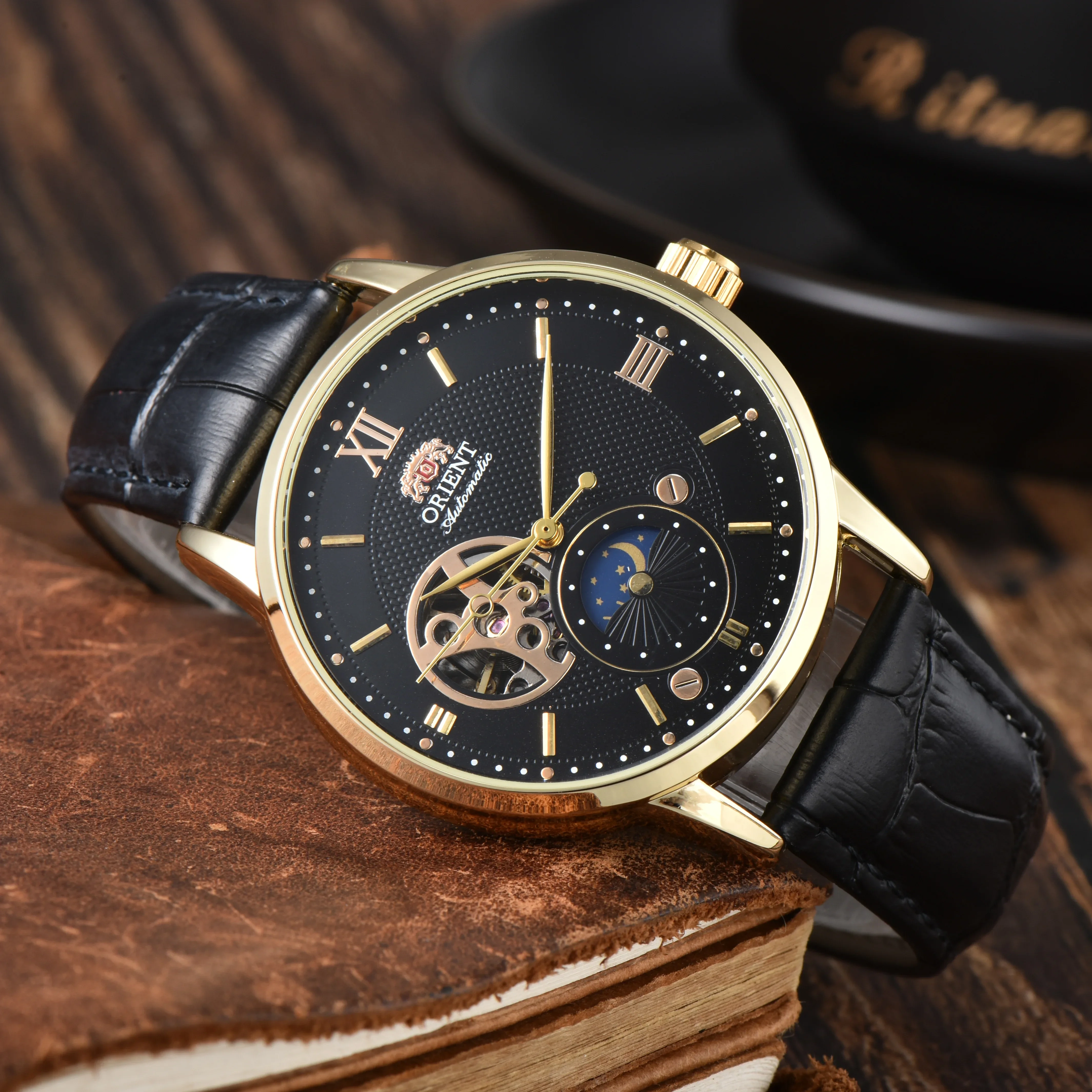 Montre automatique mécanique unisexe 118A Store Sport, soleil, lune, étoile, heure mondiale, étanche