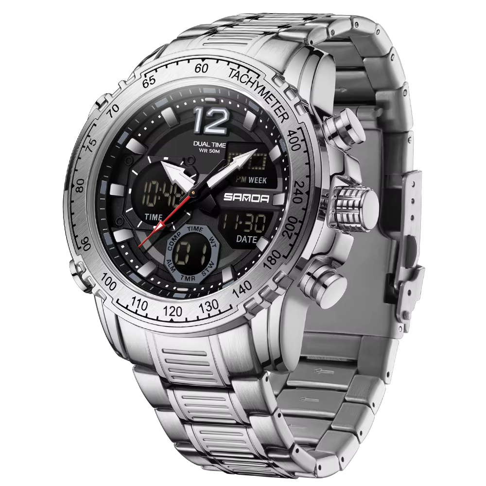 Montres pour hommes SANDA, marque haut de gamme, chronographe, acier doré, sport, numérique, analogi