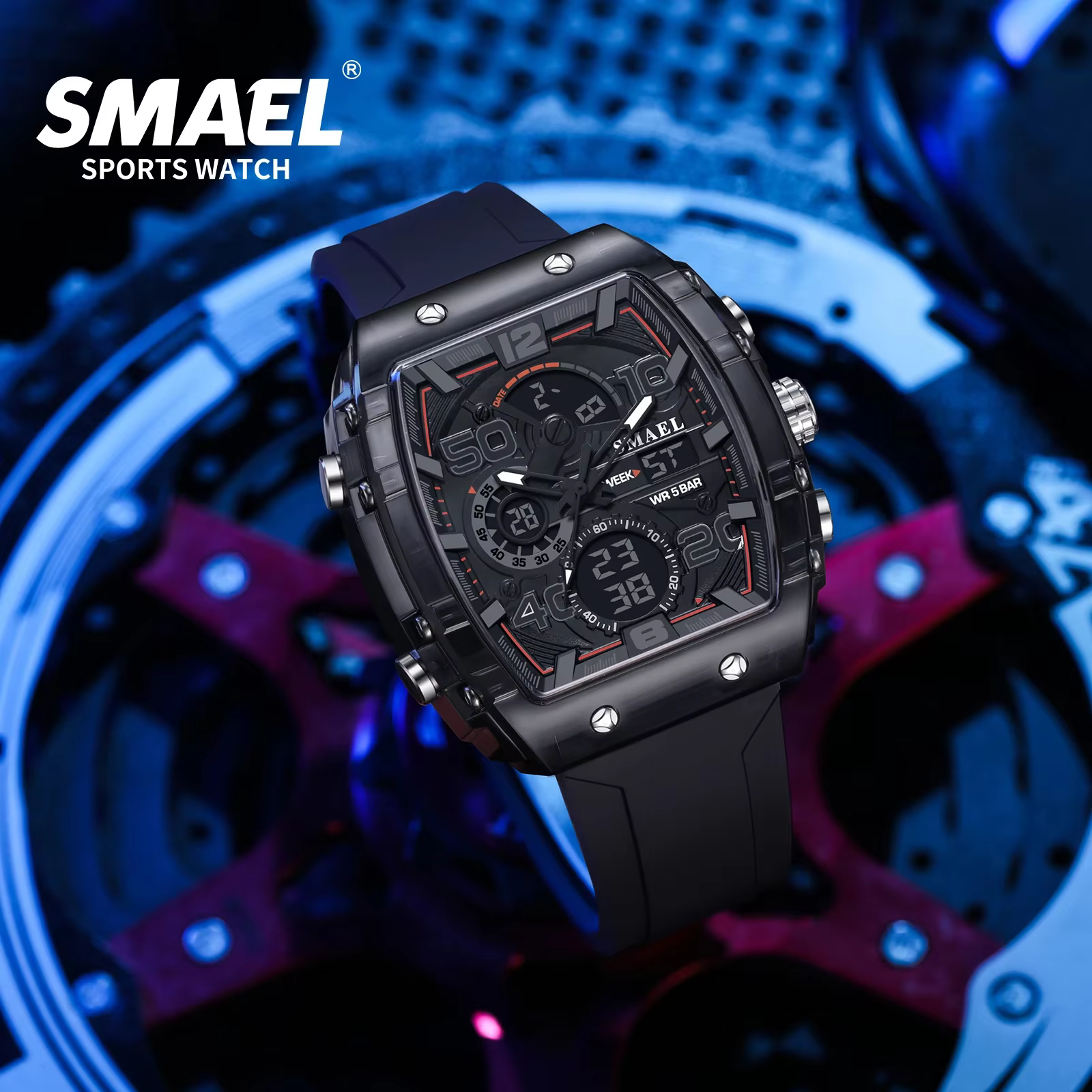 SMAEL 8109 nouvelle montre pour hommes sport multifonctionnel 50M étanche double affichage LED veill