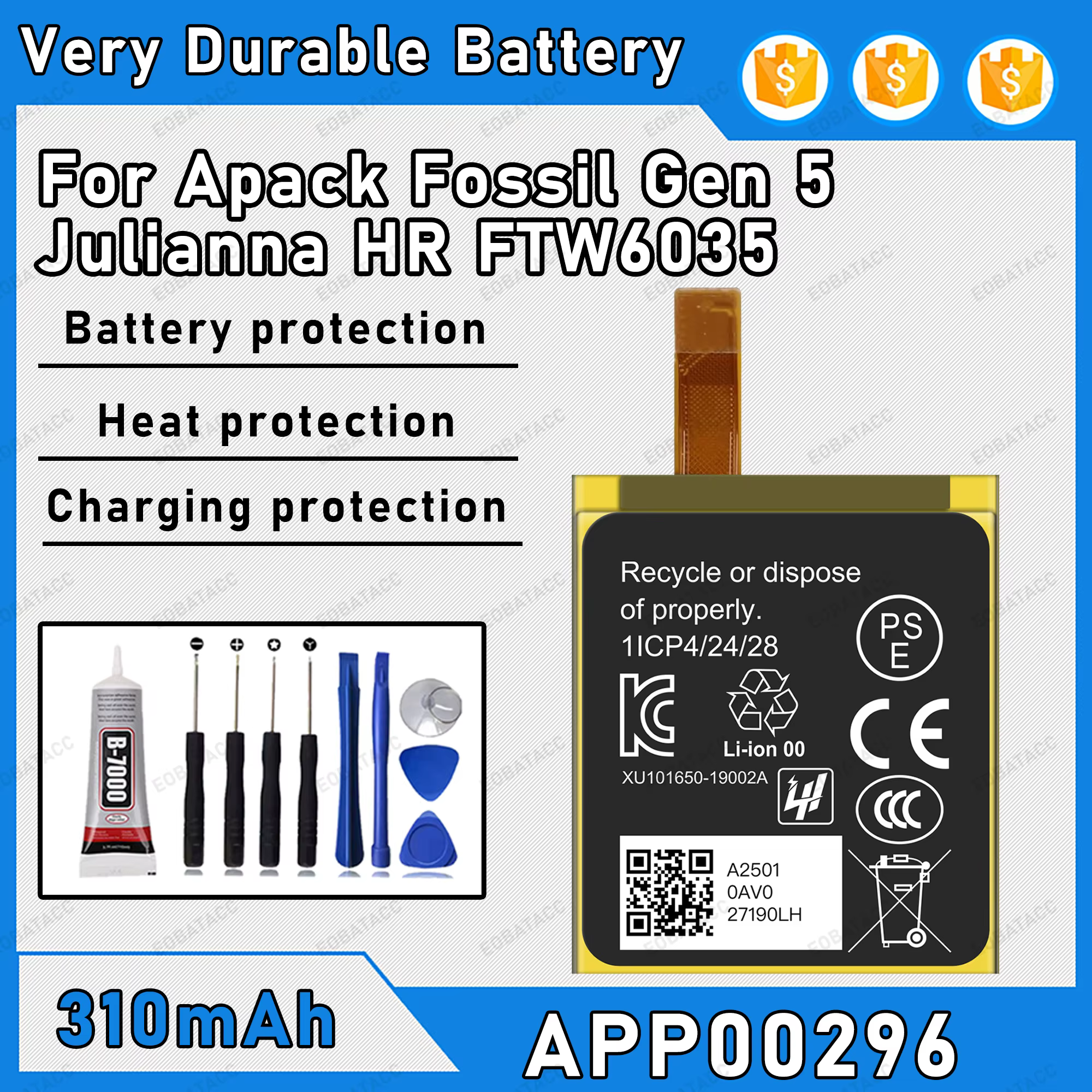 Batterie 450mAh 100% neuve APP00296 pour fossil Gen 5 /Fossil Julianna HR FTW6035, batterie de rempl