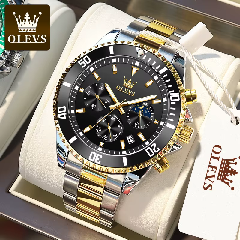 OLEVS-Montre-bracelet étanche pour homme, style pilote, chronographe Shoous, phase de lune, marque s