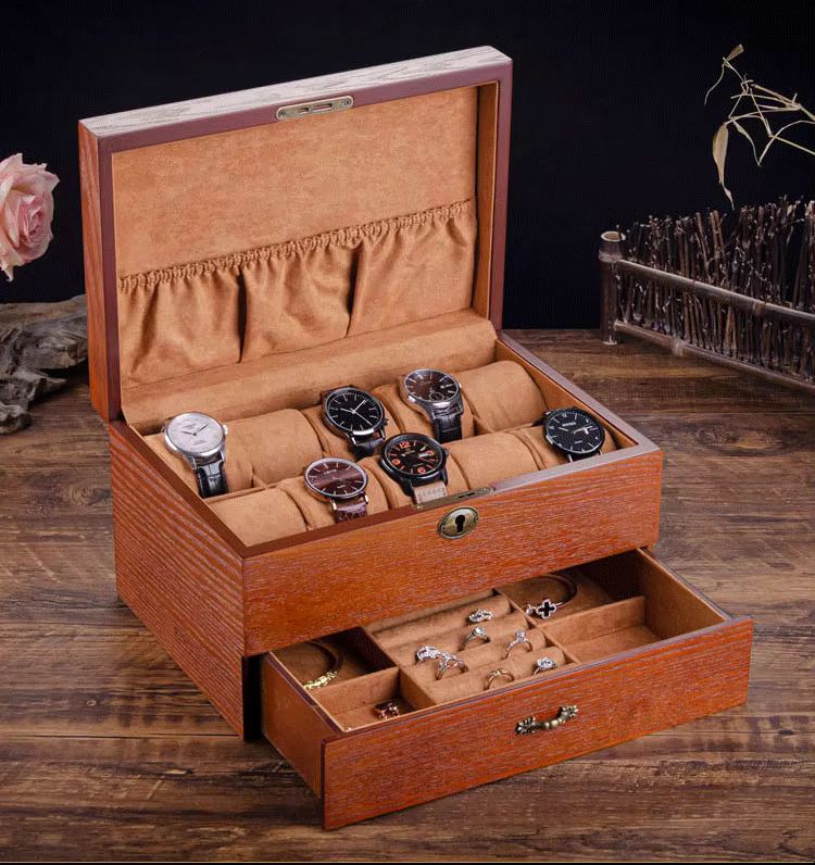 Boîte de montre en bois massif avec anneau de verrouillage, Bracelet, lunettes, boîtes de montre, or