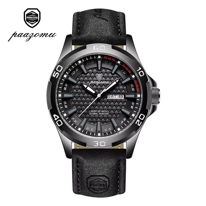 Paazomu Montre à quartz pour homme avec fenêtre de date et jour, cadran lumineux de nuit, montre-bra