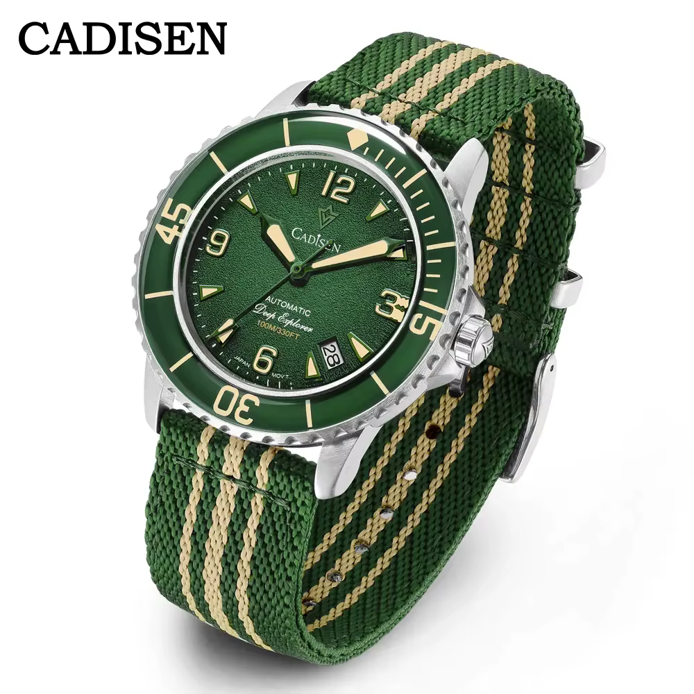 Montre mécanique automatique CADISEN Deep Explorer 2026 verte, bracelet en toile, montre-bracelet po