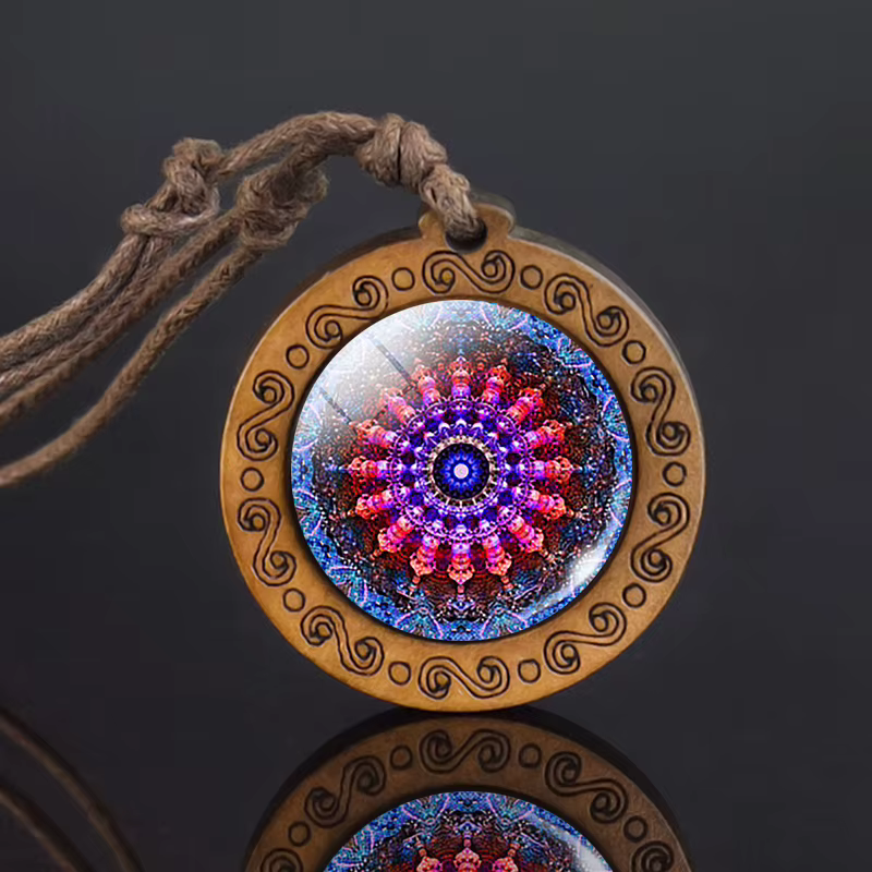 Collier en verre Mandala, pendentif en bois d'art rétro, bijoux bouddhistes à géométrie sacrée, cade