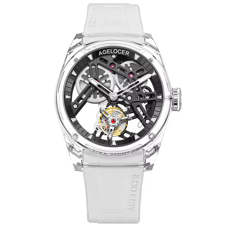 AGELOCER Édition Limitée "Ice Never Melts" Montre Tourbillon à Cristaux à Ressort Libre Montres Méca