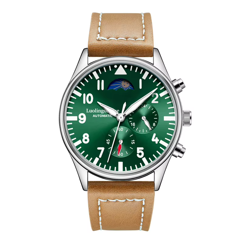 Montre mécanique automatique pour homme avec design squelette, cadran rond, sous-cadran phase de lun
