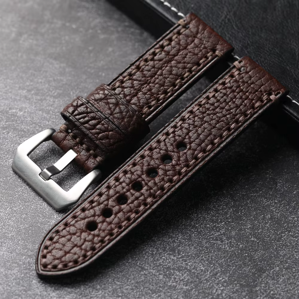 Bracelet de montre en cuir de bison nord-américain fait à la main pour homme, cuir véritable, noir, 
