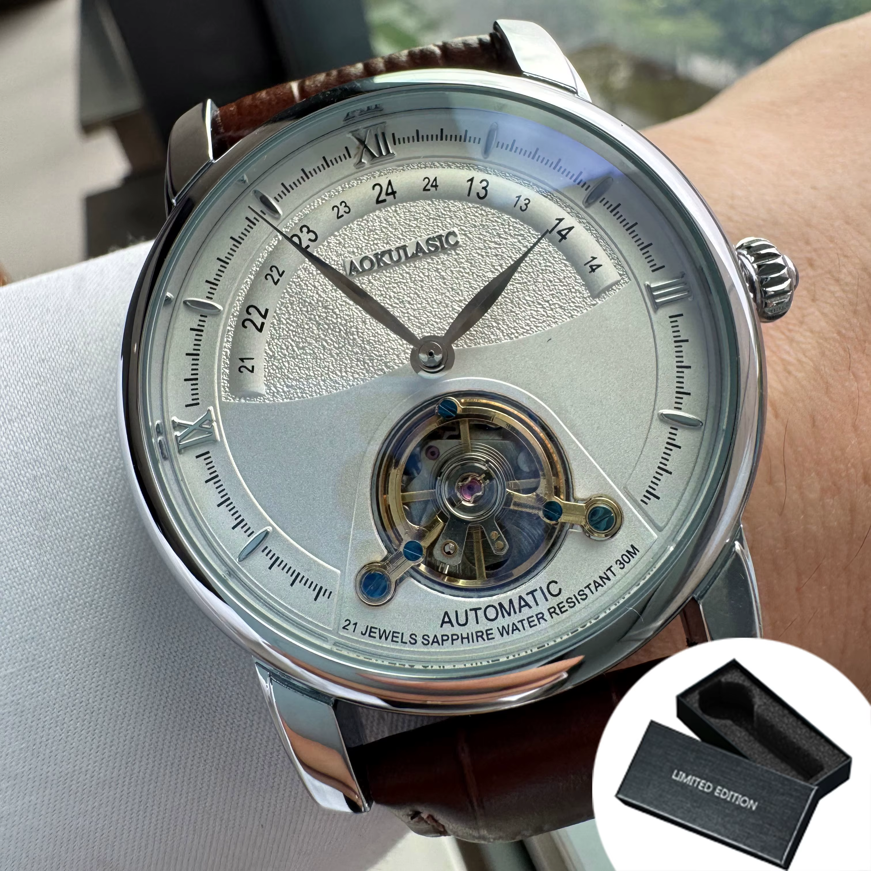 Montres pour hommes AOKULASIC, marque haut de gamme, montre mécanique automatique squelette tourbill
